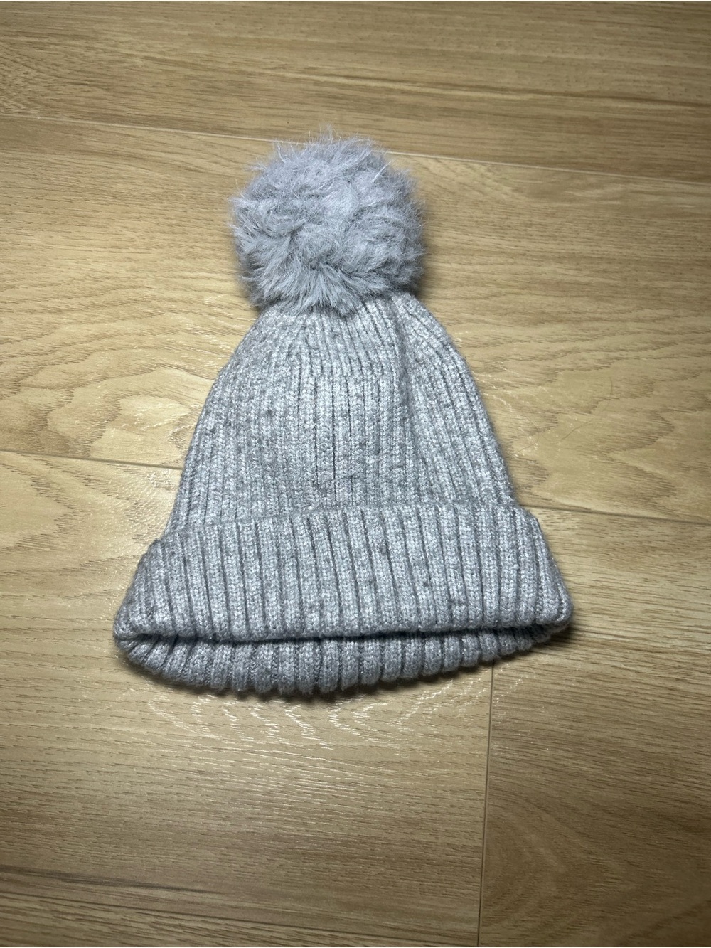 Zara Kids Light Grey Ribbed Pom-Pom Beanie